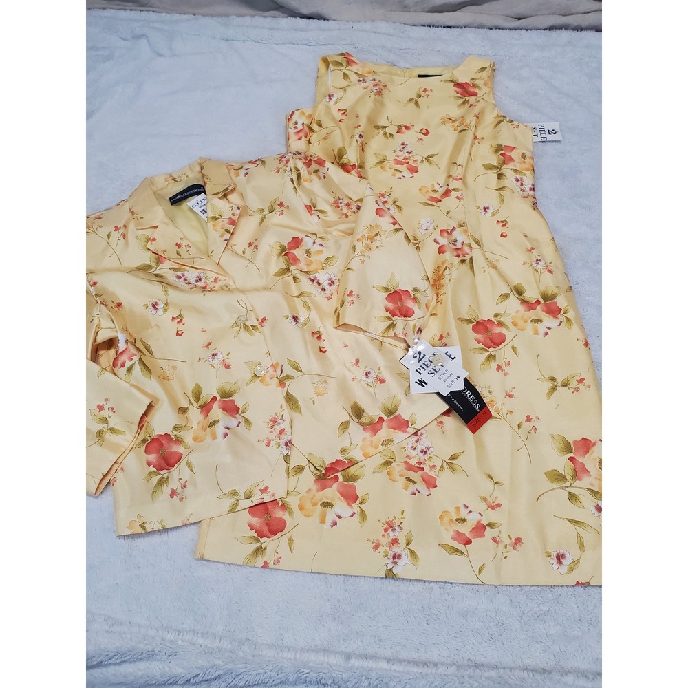 NWT Vintage Sag Harbor Yellow Floral 2 Piece 3/4 Sleeve Jacket Midi Dress 14